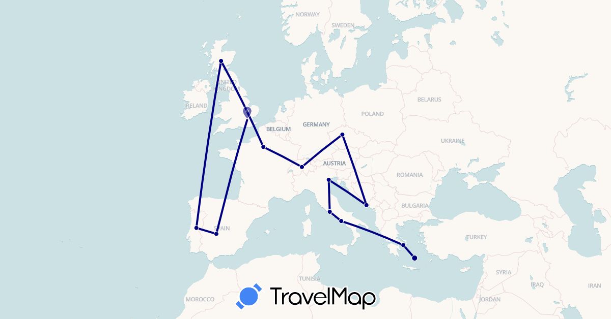 TravelMap itinerary: driving in Switzerland, Czech Republic, Spain, France, United Kingdom, Greece, Croatia, Italy, Portugal (Europe)